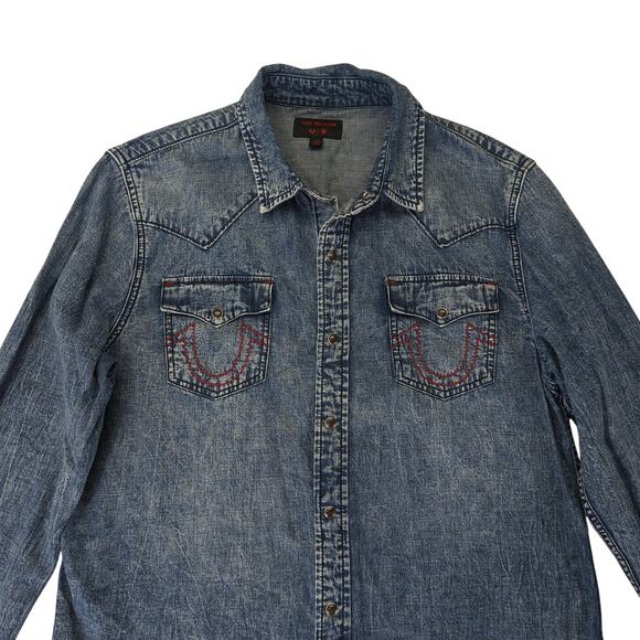 True Religion Blue Denim Casual Button Down Shirt - Picture 3 of 9
